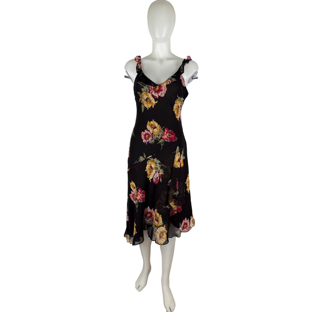 Ralph Lauren Floral Bias Cut Midi Dress Black Rayon Ruffle V-Neck Womens Size M